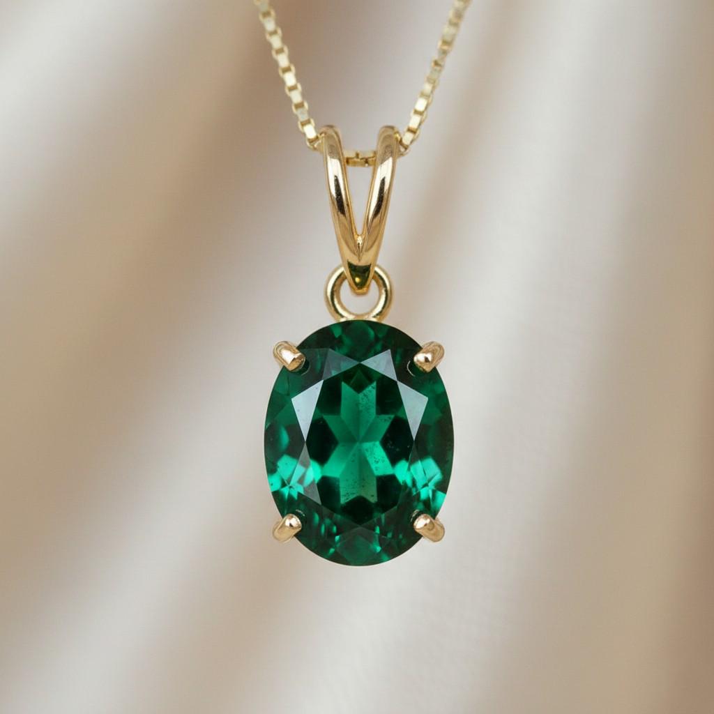Emerald Oval Necklace, May Birthstone Pendant Jewelry for Women, Oval Cut Necklace, Solid Gold and Solitaire Silver Necklace,Bridal Necklace
