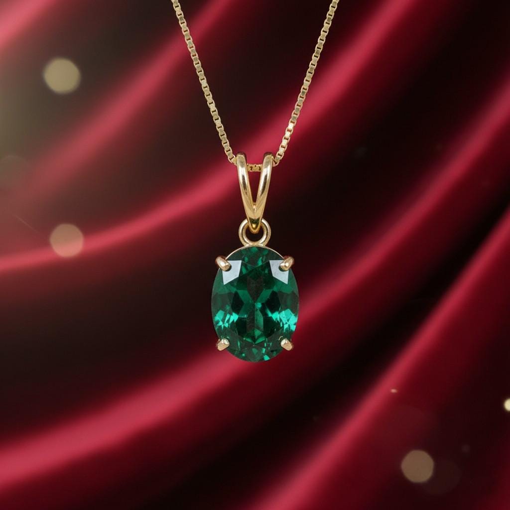 Emerald Oval Necklace, May Birthstone Pendant Jewelry for Women, Oval Cut Necklace, Solid Gold and Solitaire Silver Necklace,Bridal Necklace