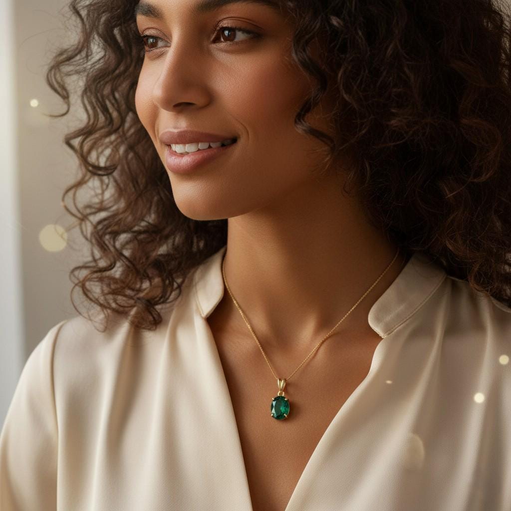 Emerald Oval Necklace, May Birthstone Pendant Jewelry for Women, Oval Cut Necklace, Solid Gold and Solitaire Silver Necklace,Bridal Necklace