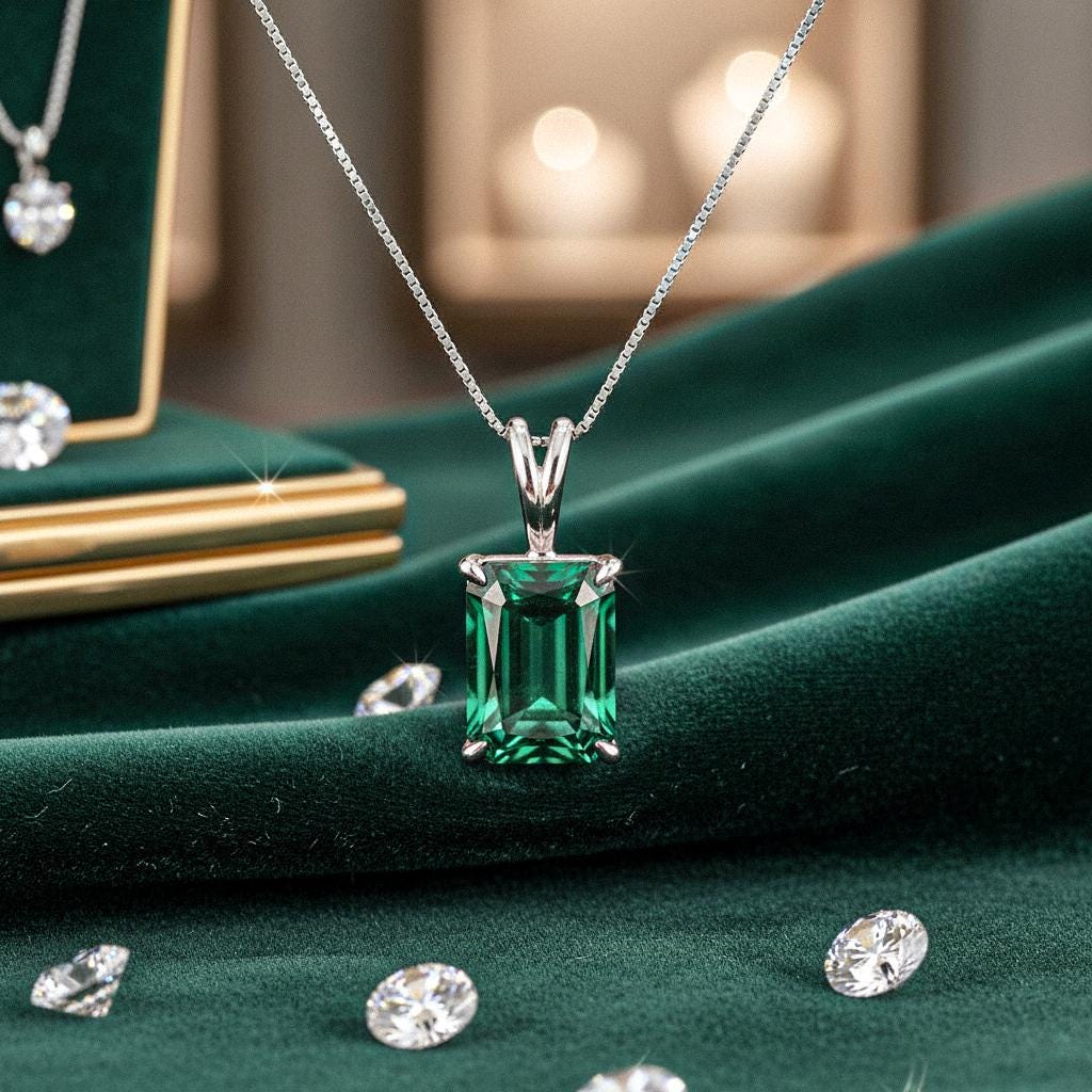 Emerald Silver Pendant, 24K Gold Over 925K Solid Silver, Gift For Her, handmade Pendant, Emerald Cut Pendant, Solitaire Emerald Pendant