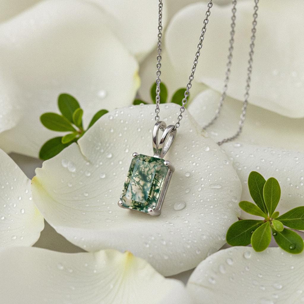Moss Agate Silver Pendant, 24K Gold Over 925K Solid Silver, handmade Pendant, Emerald Cut Pendant, Solitaire Moss Agate Pendant