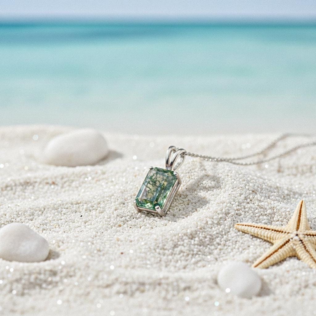 Moss Agate Silver Pendant, 24K Gold Over 925K Solid Silver, handmade Pendant, Emerald Cut Pendant, Solitaire Moss Agate Pendant