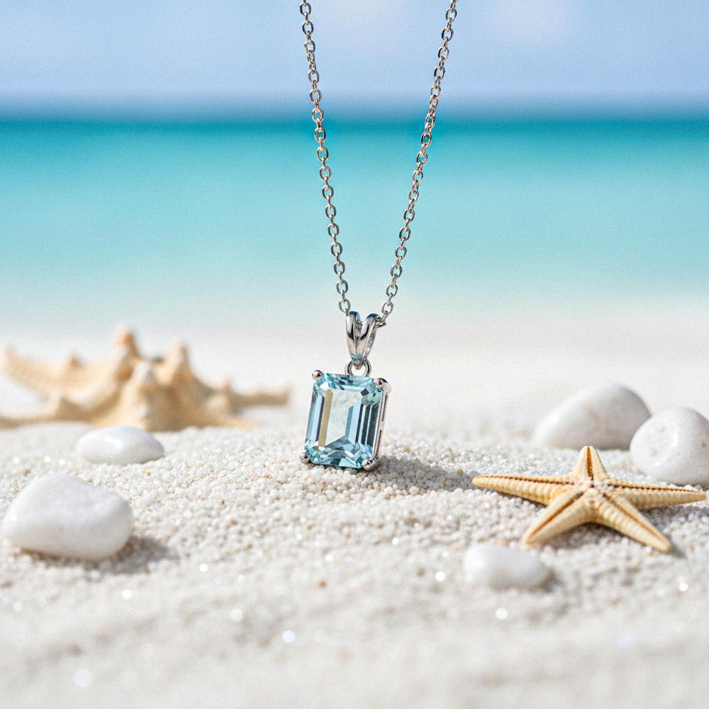 Aquamarine Silver Pendant, Aquamarine pendant Necklace, March Birthstone Necklace 24K Gold Over 925K Solid Silver, Emerald Cut Pendant