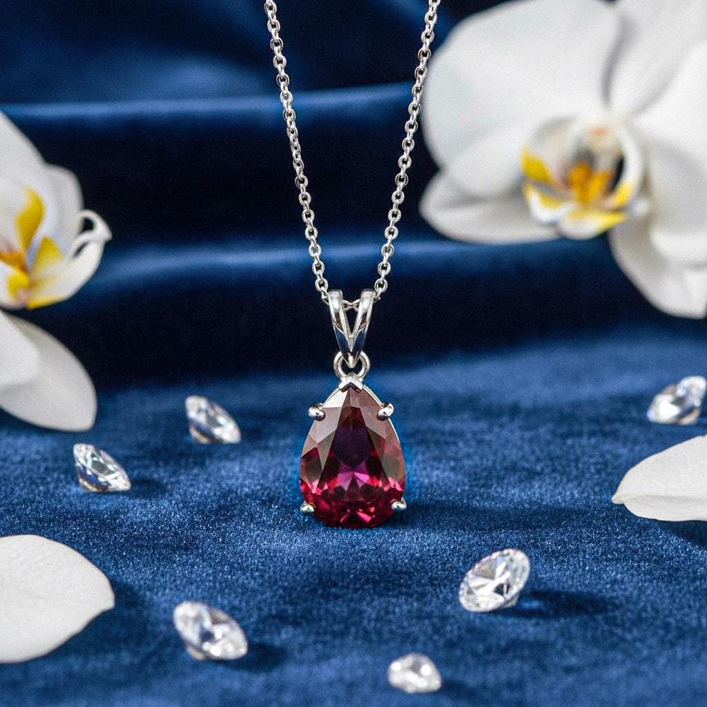 Ruby July Necklace, Genuine Gemstone Necklace, Red Birthstone, Pear Tiny Teardrop Pendant, Ruby Birth month Necklace