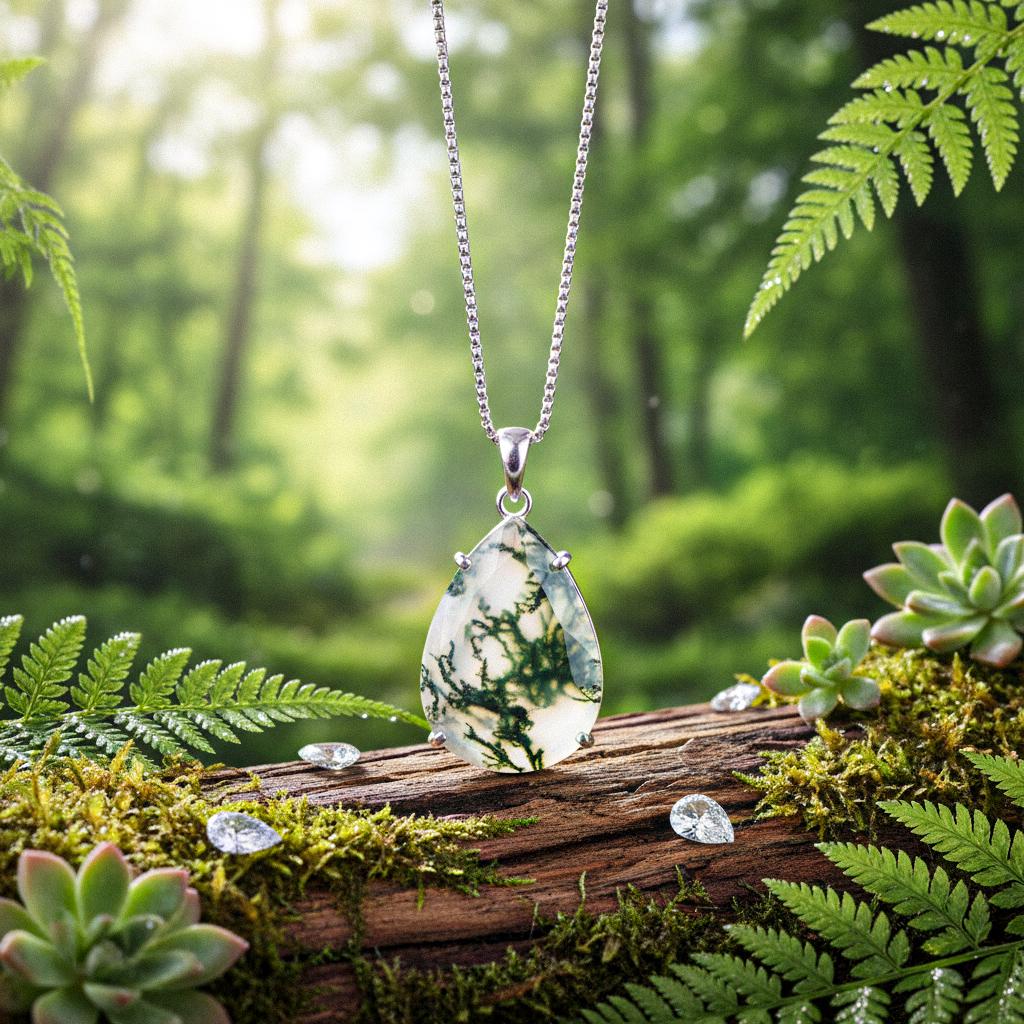 Moss agate April Necklace, Genuine Gemstone Necklace, Blue Birthstone, Pear Tiny Teardrop Pendant, Moss agate Birth month Necklace
