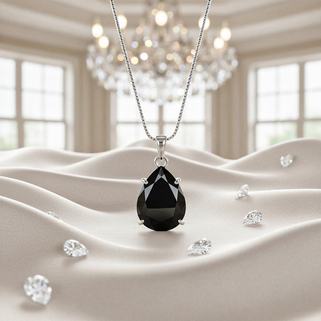 Black Onyx Necklace, Genuine Gemstone Necklace, Black Birthstone, Pear Tiny Teardrop Pendant, Black Birth month Necklace, Sterling Silver
