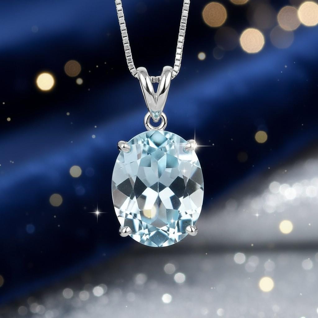 Handmade Lab Aquamarine Pendant: 925 Sterling Silver Boho Necklace