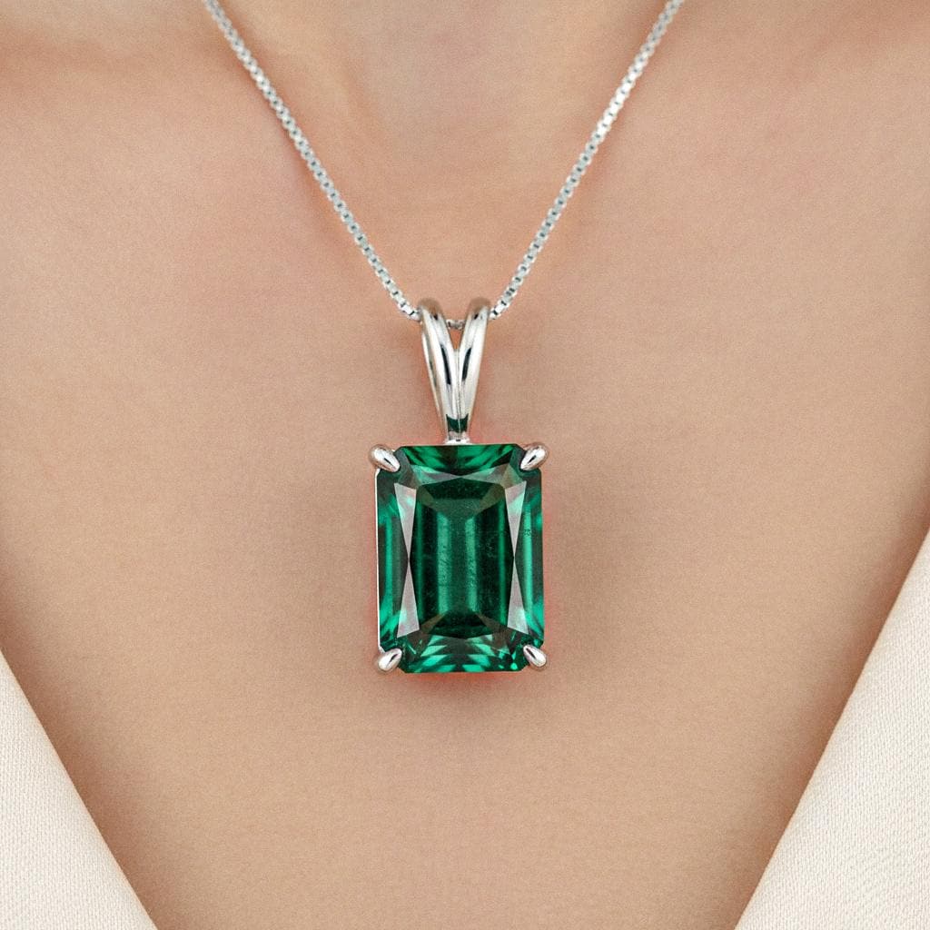Emerald Silver Pendant, 24K Gold Over 925K Solid Silver, Gift For Her, handmade Pendant, Emerald Cut Pendant, Solitaire Emerald Pendant