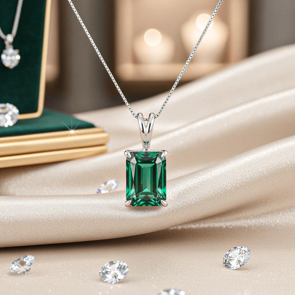 Emerald Silver Pendant, 24K Gold Over 925K Solid Silver, Gift For Her, handmade Pendant, Emerald Cut Pendant, Solitaire Emerald Pendant
