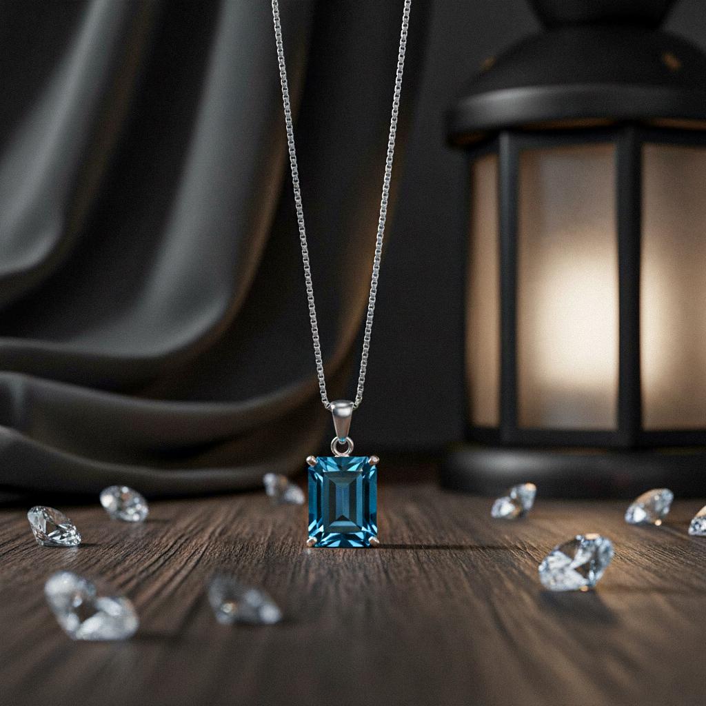 London Blue Topaz Silver Pendant, 24K Gold Over 925K Solid Silver, handmade Pendant, Emerald Cut Pendant,Solitaire London Blue Topaz Pendant
