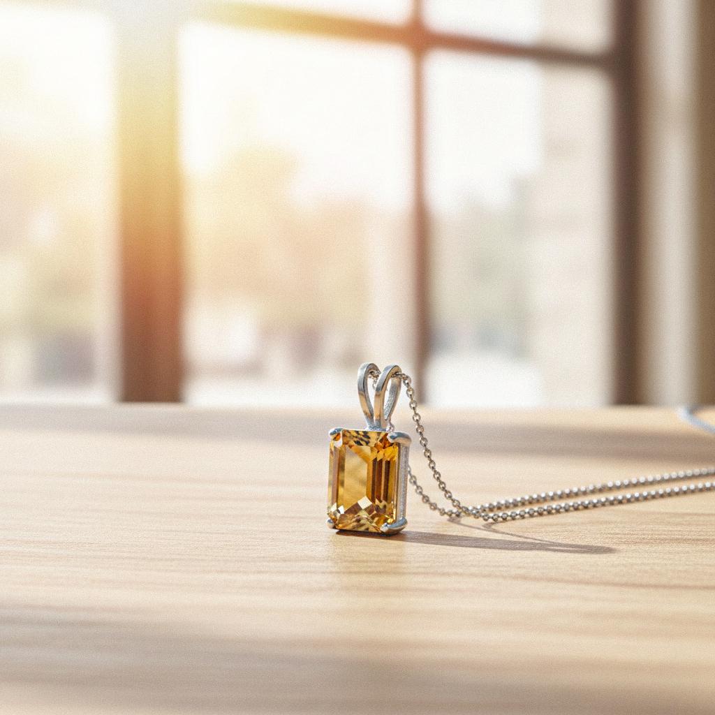 Emerald Cut Citrine Solitaire Pendant, 24K Gold Over 925 Sterling Silver