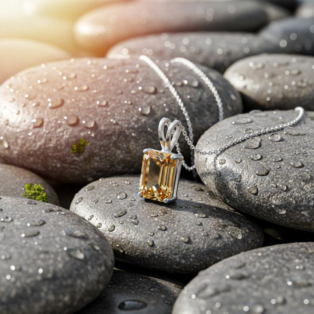 Emerald Cut Citrine Solitaire Pendant, 24K Gold Over 925 Sterling Silver