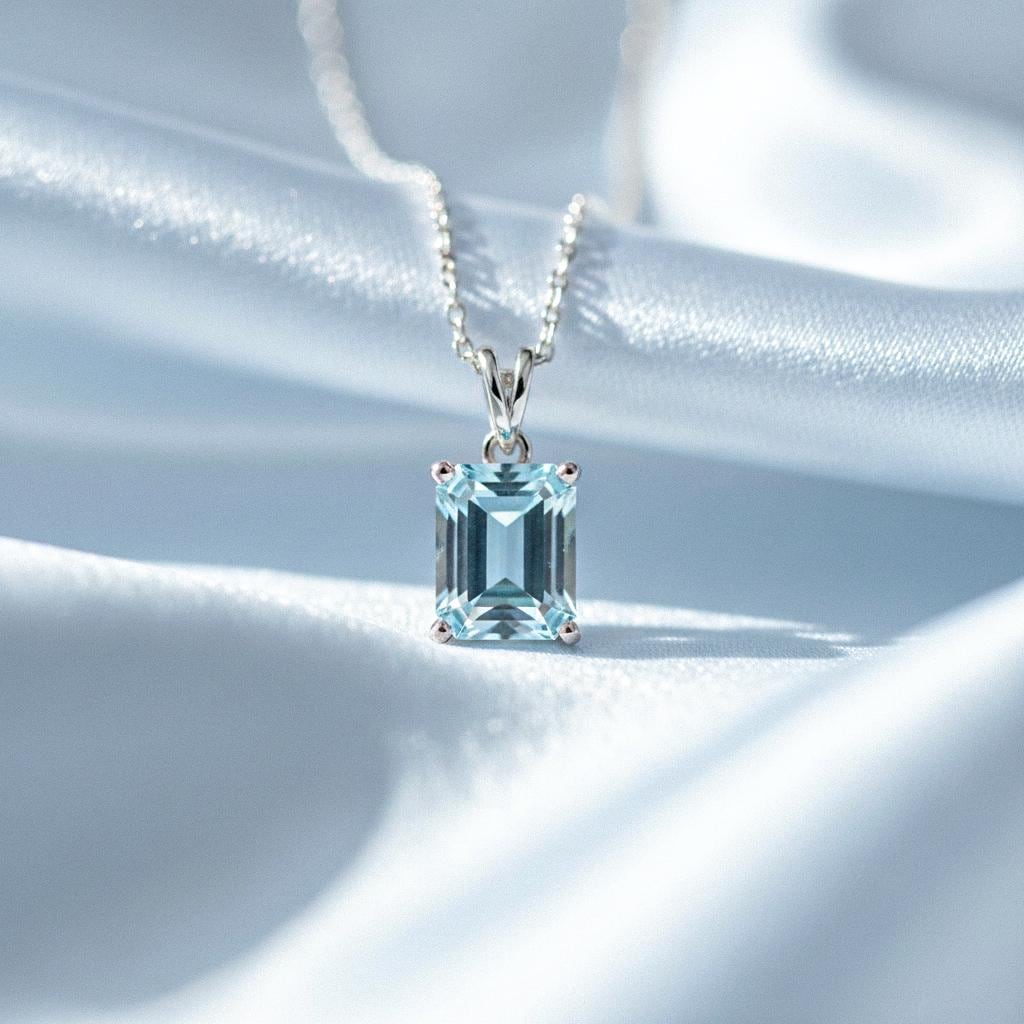 Aquamarine Silver Pendant, Aquamarine pendant Necklace, March Birthstone Necklace 24K Gold Over 925K Solid Silver, Emerald Cut Pendant