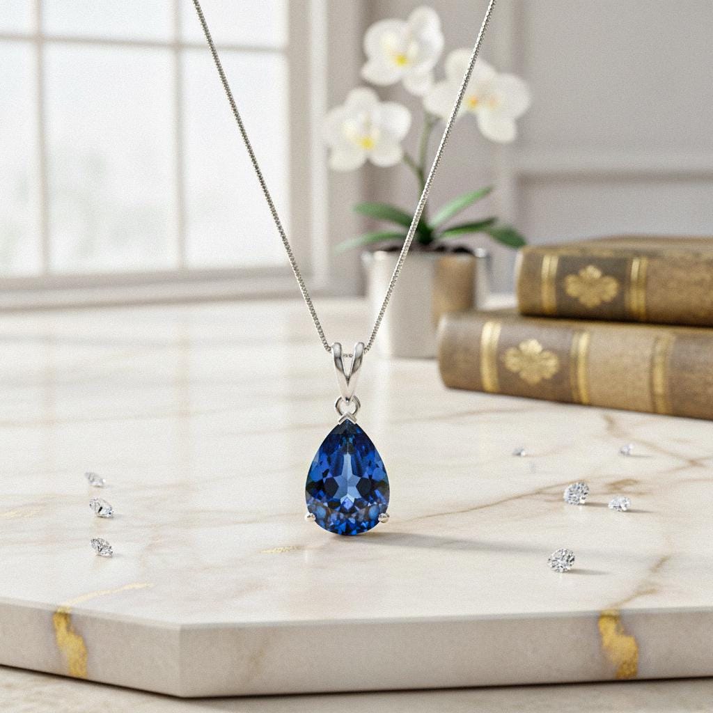 Sapphire September Necklace, Genuine Gemstone Necklace, Blue Birthstone, Pear Tiny Teardrop Pendant, Sapphire Birth month Necklace