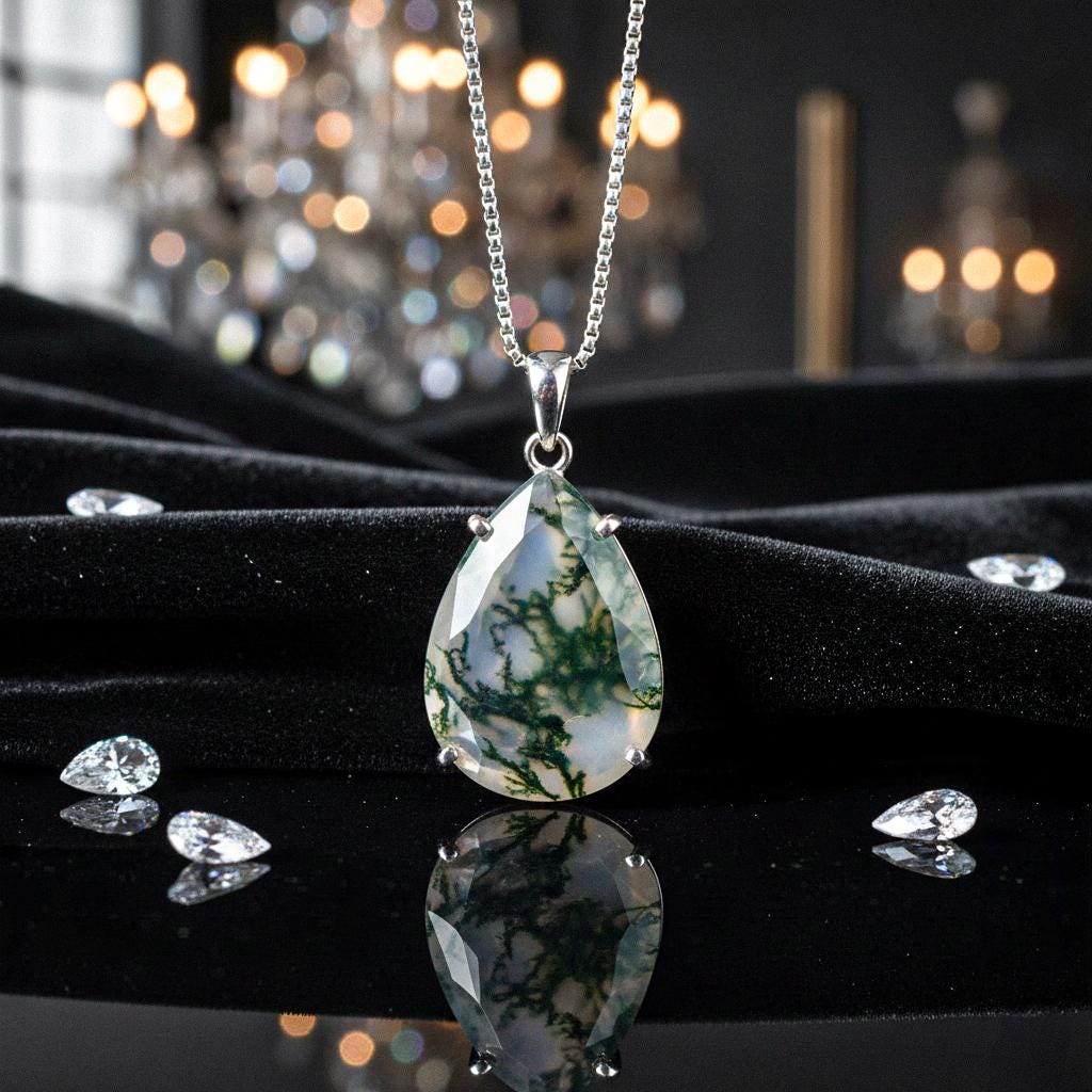 Moss agate April Necklace, Genuine Gemstone Necklace, Blue Birthstone, Pear Tiny Teardrop Pendant, Moss agate Birth month Necklace