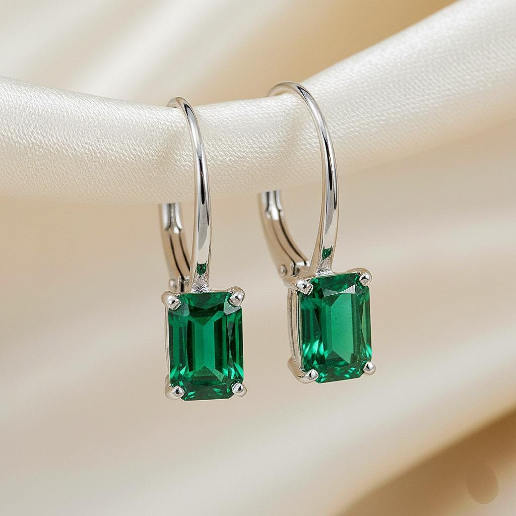 Emerald Dangle Earrings, May Birthstone Earrings, Lab Created emerald, Dark Green Rectangle Earrings in Gold or Silver, Jewelry Gift for Mom