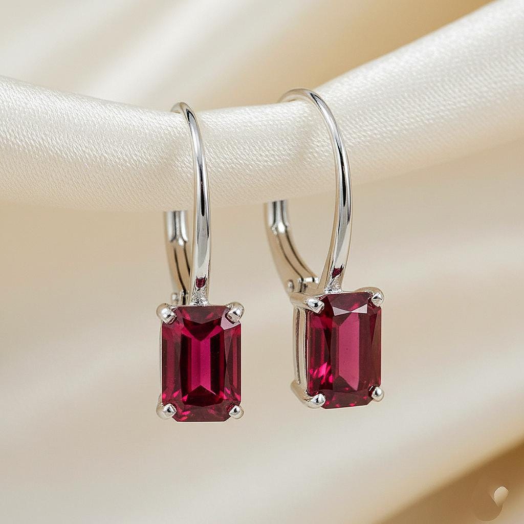 Ruby Earrings, July Birthstone, Red Rectangle Earrings in Gold or Silver, Ruby Baguette Drops, Jewelry Gift for Mom