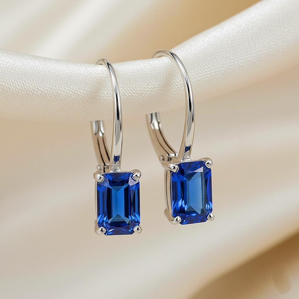 Sapphire Earrings, September Birthstone, Blue Rectangle Earrings in Gold or Silver, Sapphire  Baguette Drops, Jewelry Gift for Mom