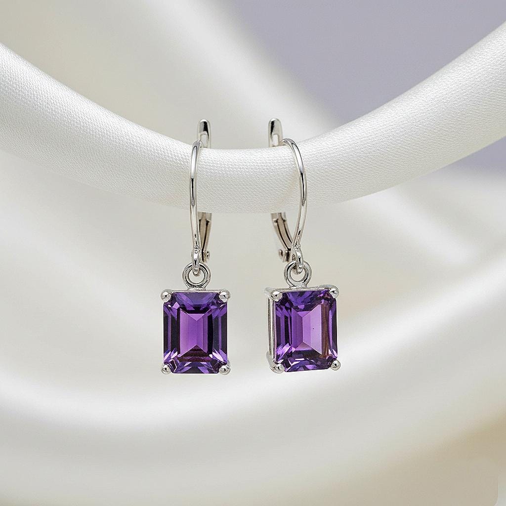 Amethyst Earrings, September Birthstone, Blue Rectangle Earrings in Gold or Silver,  Emerald Cut Drops, Jewelry Gift for Mom