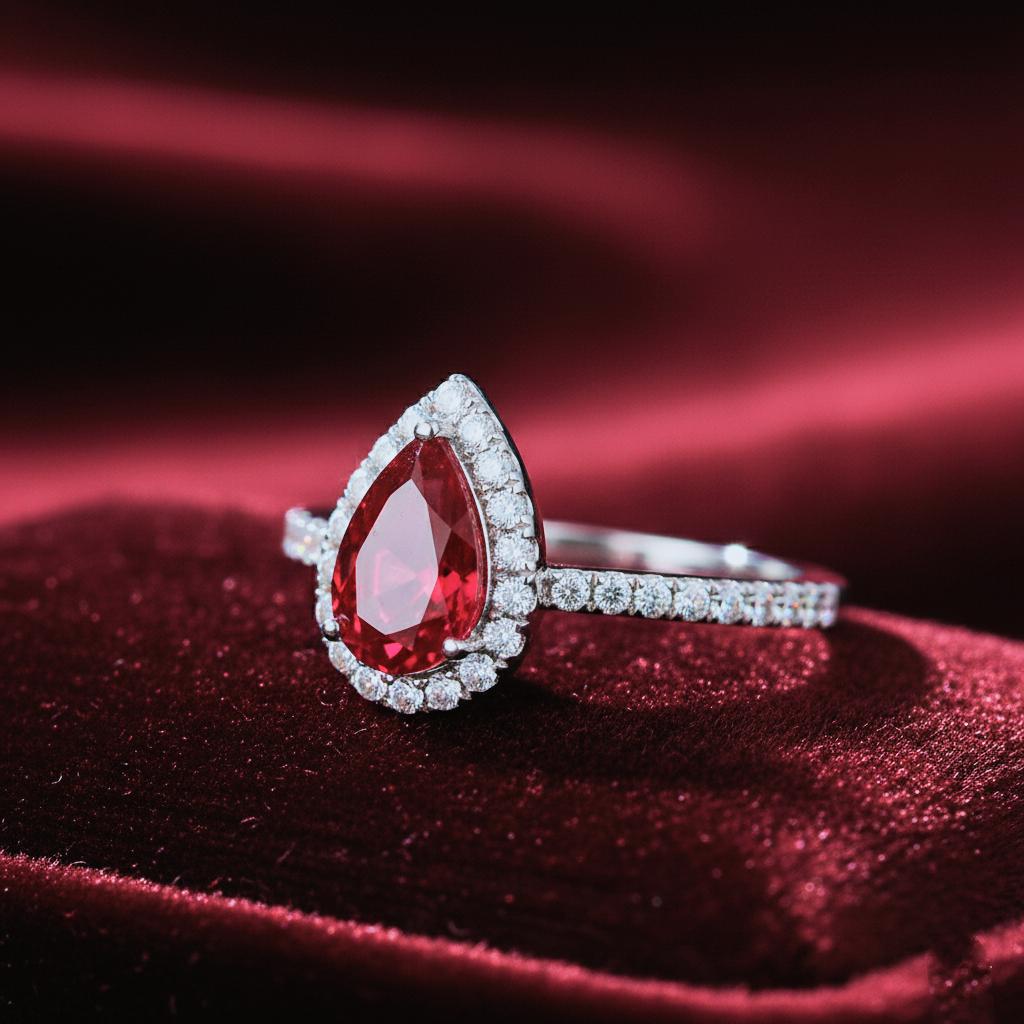 Sterling Silver Pear Ruby Engagement Ring, Simulated Diamond Halo Solitaire
