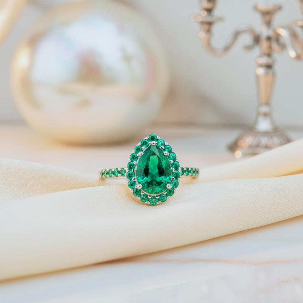 Pear Emerald Engagement Ring: 14k Gold or Sterling Silver, Emerald Accents