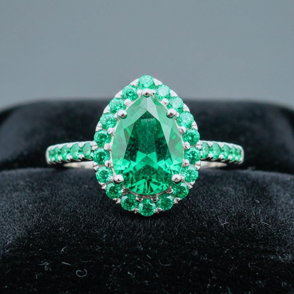 Pear Emerald Engagement Ring: 14k Gold or Sterling Silver, Emerald Accents