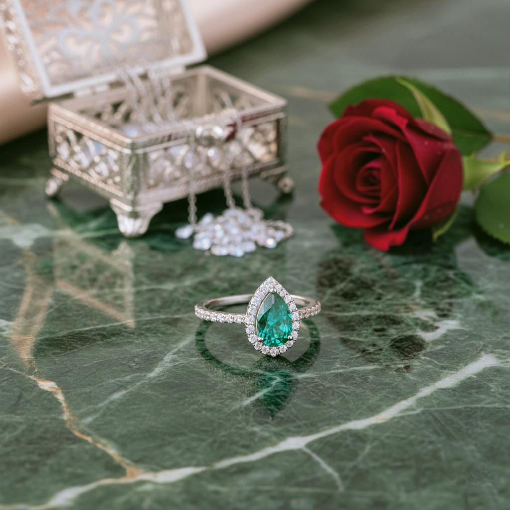 Pear Emerald Engagement Ring: 14k Gold or Sterling Silver, Simulated Diamond Accents