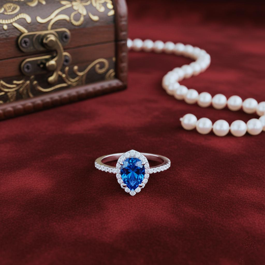 Pear Sapphire Engagement Ring: Halo Sterling Silver, September Birthstone