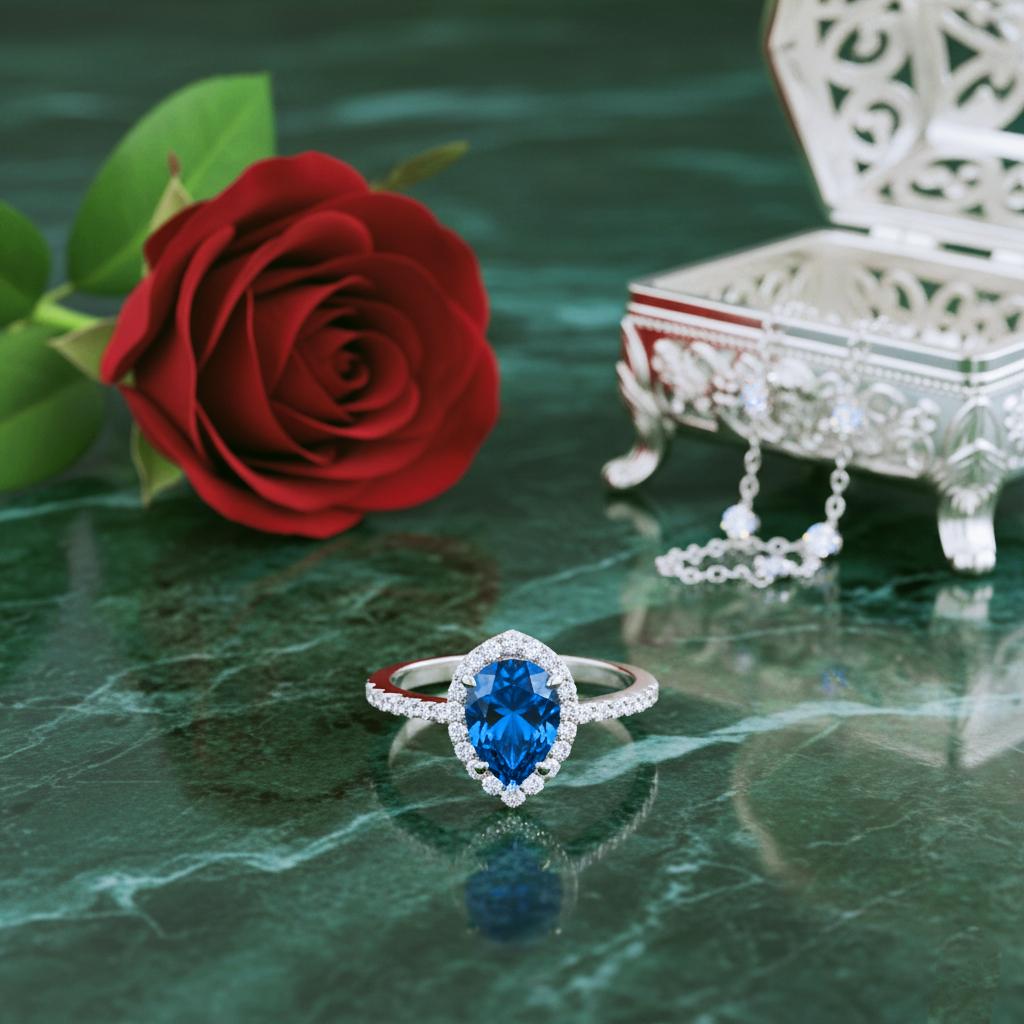 Pear Sapphire Engagement Ring: Halo Sterling Silver, September Birthstone