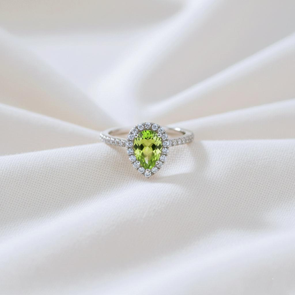 Pear Cut Peridot Ring: Sterling Silver Green Stone Engagement Ring
