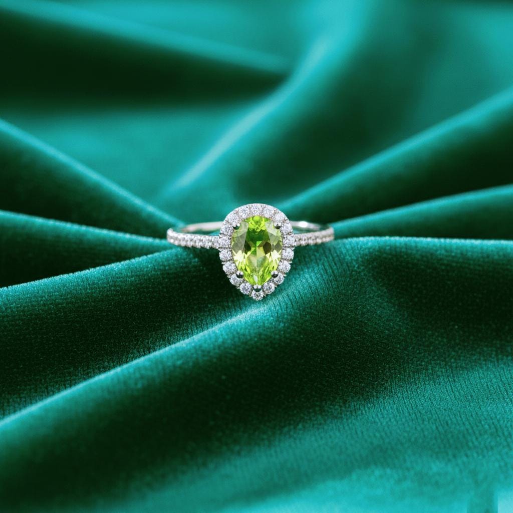 Pear Cut Peridot Ring: Sterling Silver Green Stone Engagement Ring
