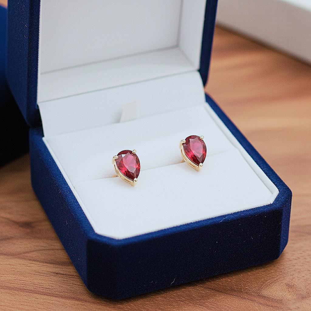 Handmade Pear Cut Lab Ruby Studs: 925 Sterling Silver Earrings
