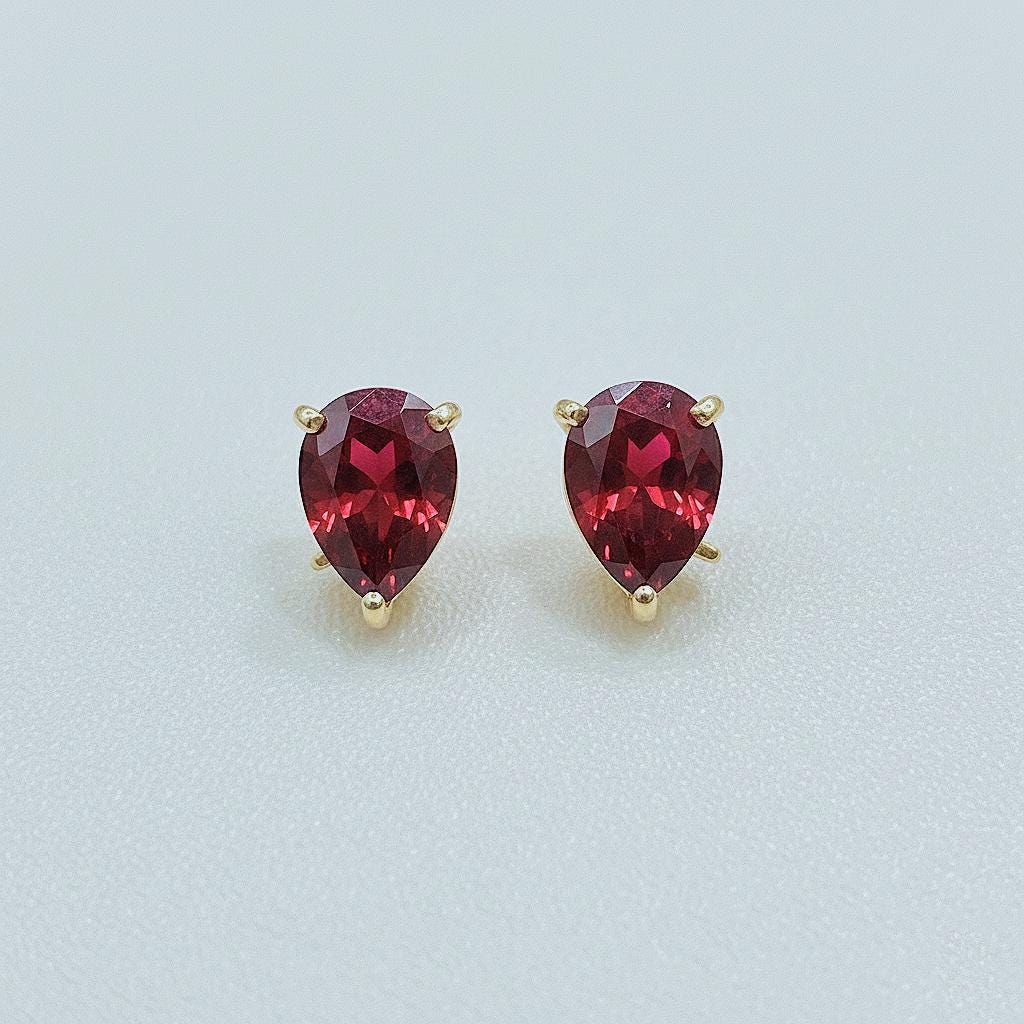 Handmade Pear Cut Lab Ruby Studs: 925 Sterling Silver Earrings