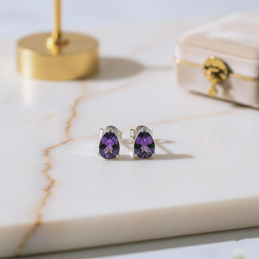 Handmade Pear Cut Natural Amethyst Studs: 925 Sterling Silver Earrings