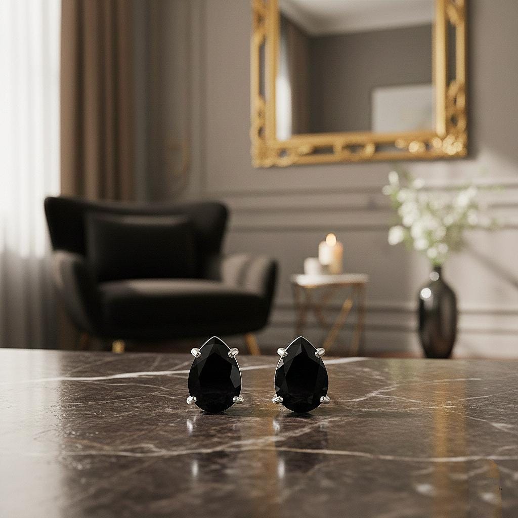 Handmade Pear Cut Black Onyx Studs: 925 Sterling Silver Earrings