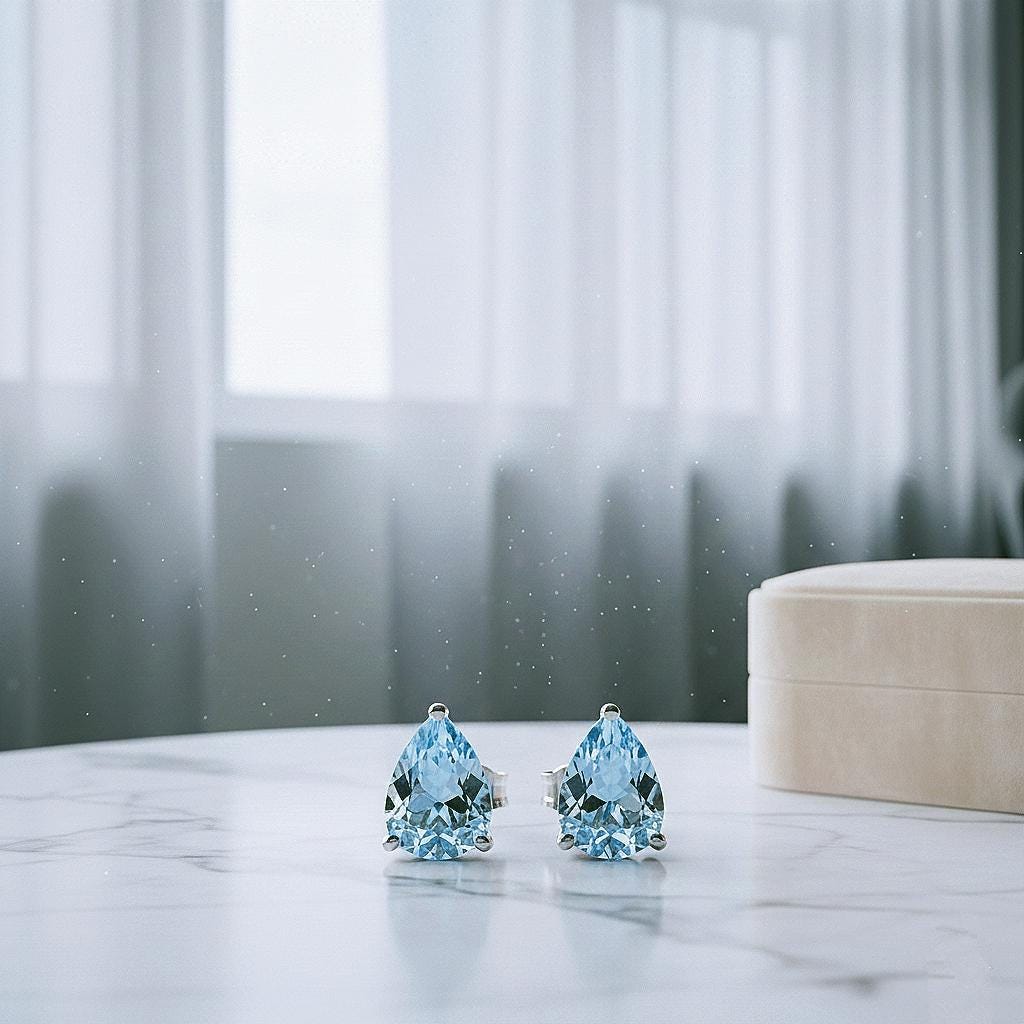 Handmade Pear Cut Aquamarine Studs: 925 Sterling Silver Earrings