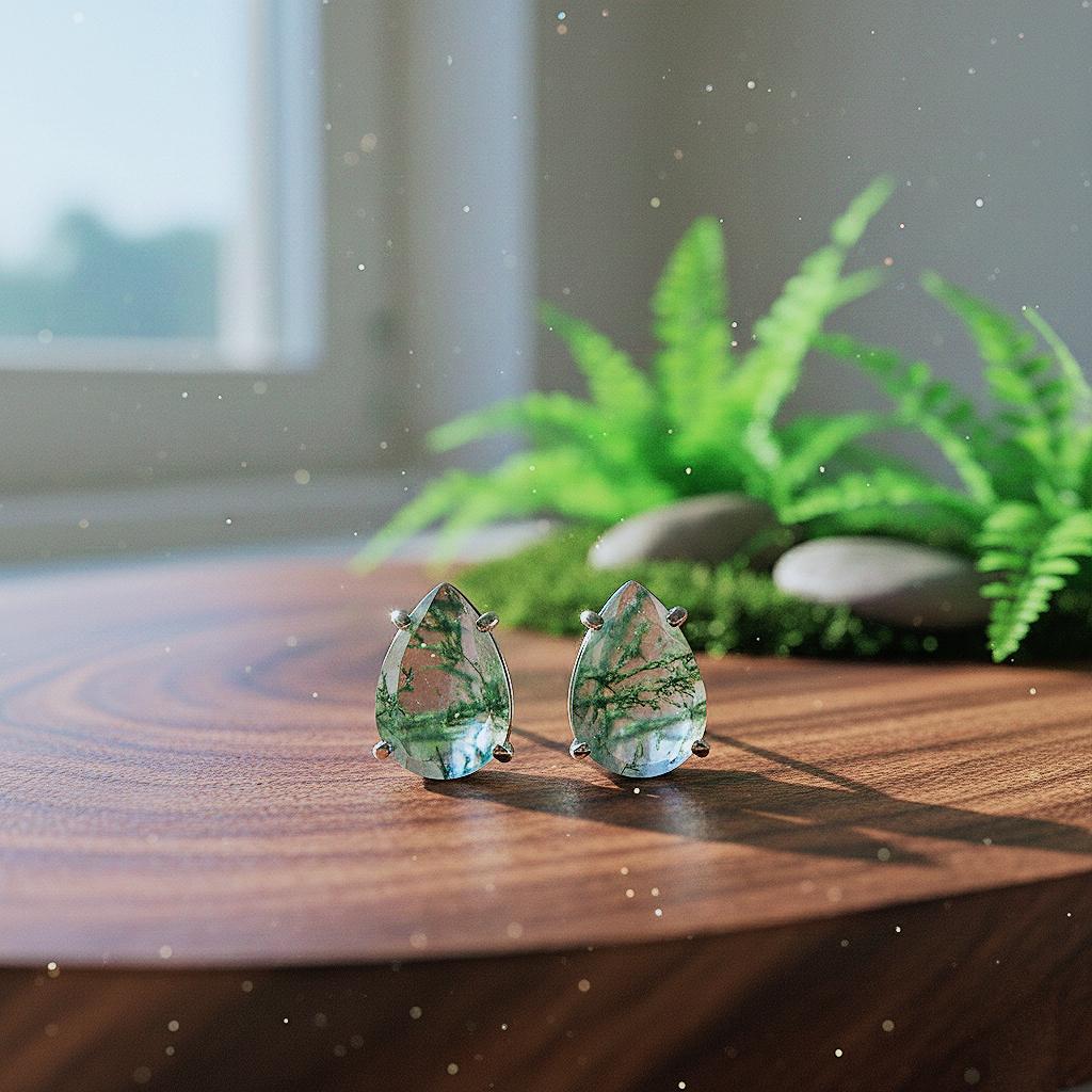 Handmade Pear Cut Natural Moss Agate Studs: 925 Sterling Silver Earrings