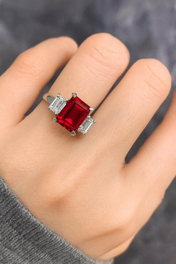 Emerald Cut Ruby Ring, Sterling Silver, Rectangle Natural Ruby, Gold Accent, Prong Set