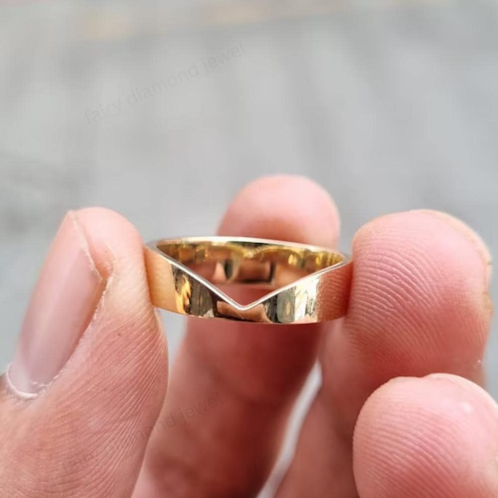 14k Solid Gold Curved Cigar Wedding Band, V Shaped Chevron Stacking Ring, Minimalist Wide Band for Everyday Wear, Unique Engagement Gift