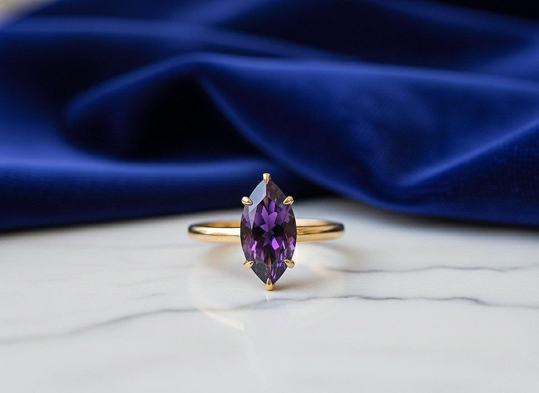 Amethyst Ring, Marquise Cut 925 Sterling Silver, Yellow Gold Vermeil