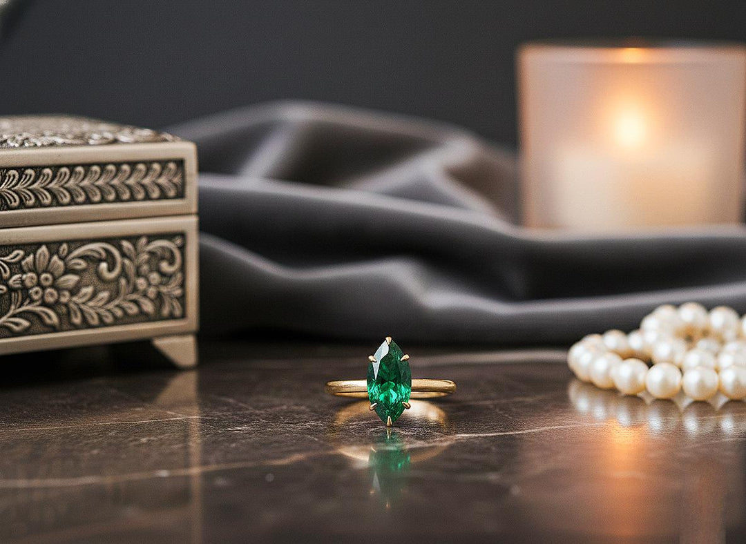 Marquise Emerald Ring, Yellow Gold Vermeil Sterling Silver