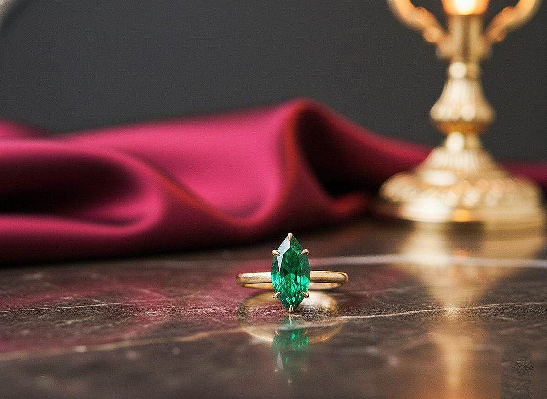 Marquise Emerald Ring, Yellow Gold Vermeil Sterling Silver