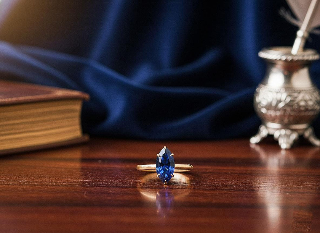 Lab Blue Sapphire Marquise Ring, Yellow Gold Vermeil Sterling Silver