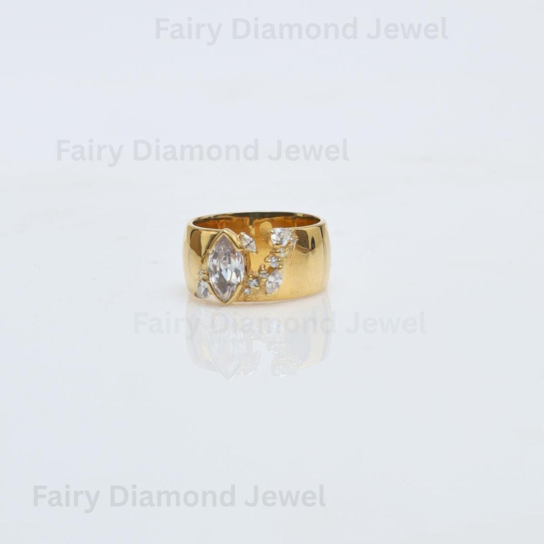 Marquise Cut Moissanite Gold Fractured Cigar Band, 14K Yellow Gold Engagement Wedding Round Cut Stacking Band, Thick Unique Cigar Band