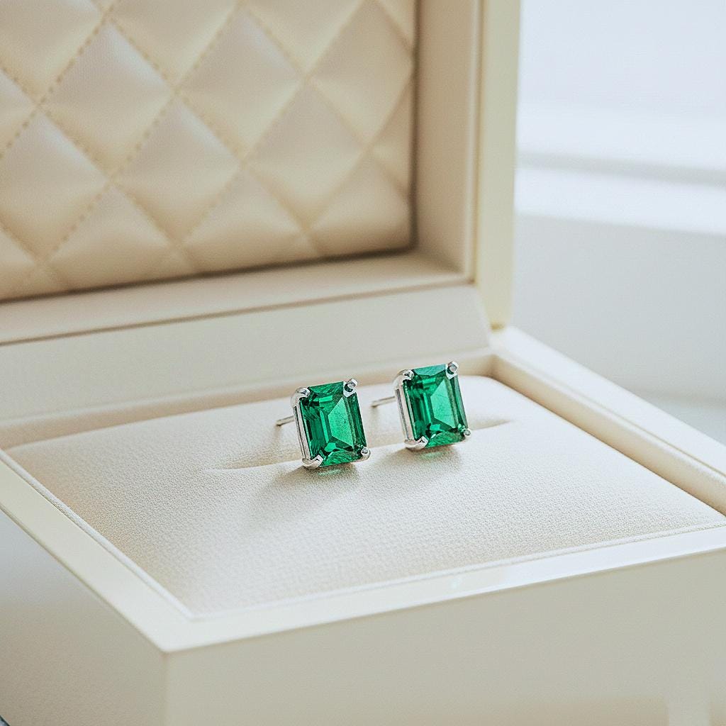 Emerald Earrings, Handmade Emerald Cut  Emerald Studs: 925 Sterling Silver Earrings