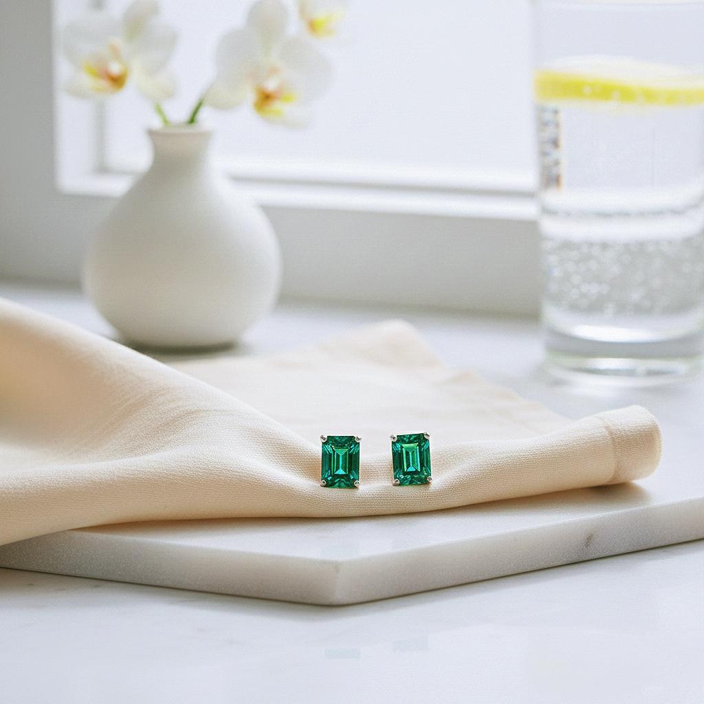 Emerald Earrings, Handmade Emerald Cut  Emerald Studs: 925 Sterling Silver Earrings