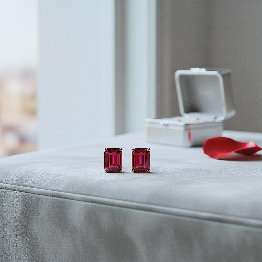 Emerald Cut Lab Ruby Stud Earrings, 925 Sterling Silver, Feminine Graceful Jewelry