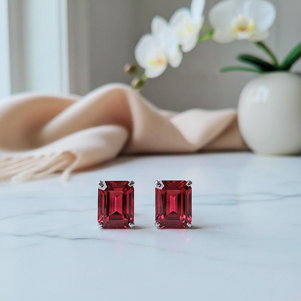 Emerald Cut Lab Ruby Stud Earrings, 925 Sterling Silver, Feminine Graceful Jewelry
