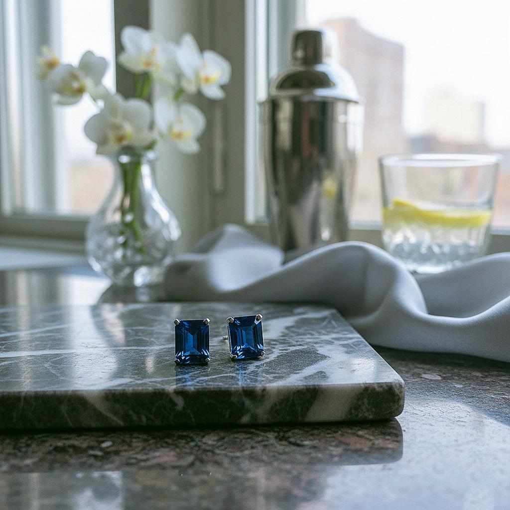 Blue Sapphire Earrings, Emerald cut Studs, Lab Grown Sapphire, Handmade Emerald Cut Blue Sapphire Studs: 925 Sterling Silver Earrings