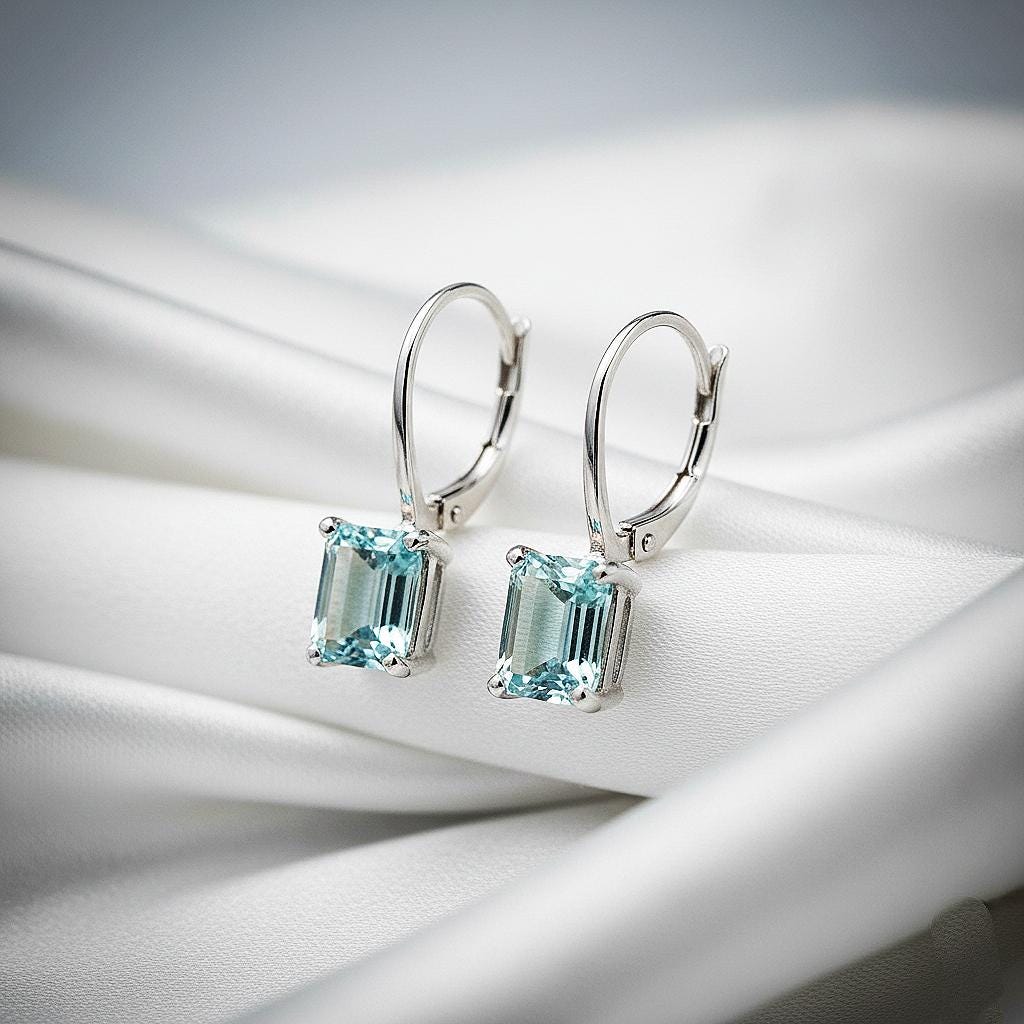 Aquamarine Earrings, March Birthstone, Blue Rectangle Earrings in Gold or Silver,  Emerald Cut Drops, Jewelry Gift for Mom